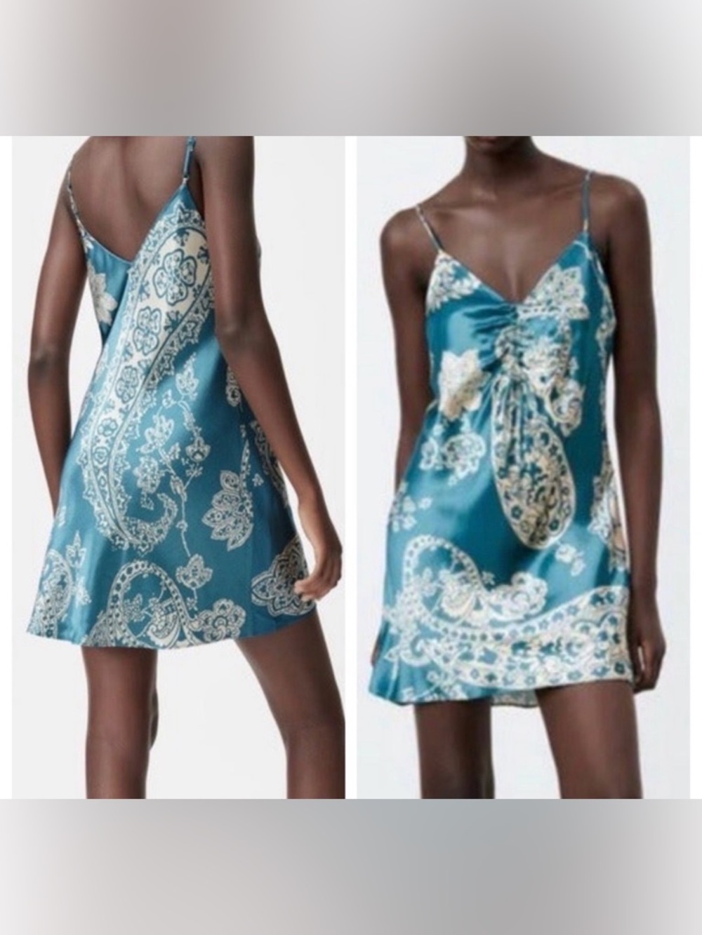 Zara-XS- Blue Paisley Satin Slip Dress - Picture 3 of 4